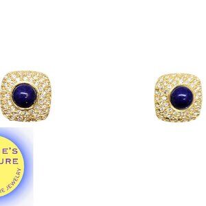 Vintage Signed Napier Cabochon Faux-Lapis Pave Clear Rhinestone Pierced Earrings